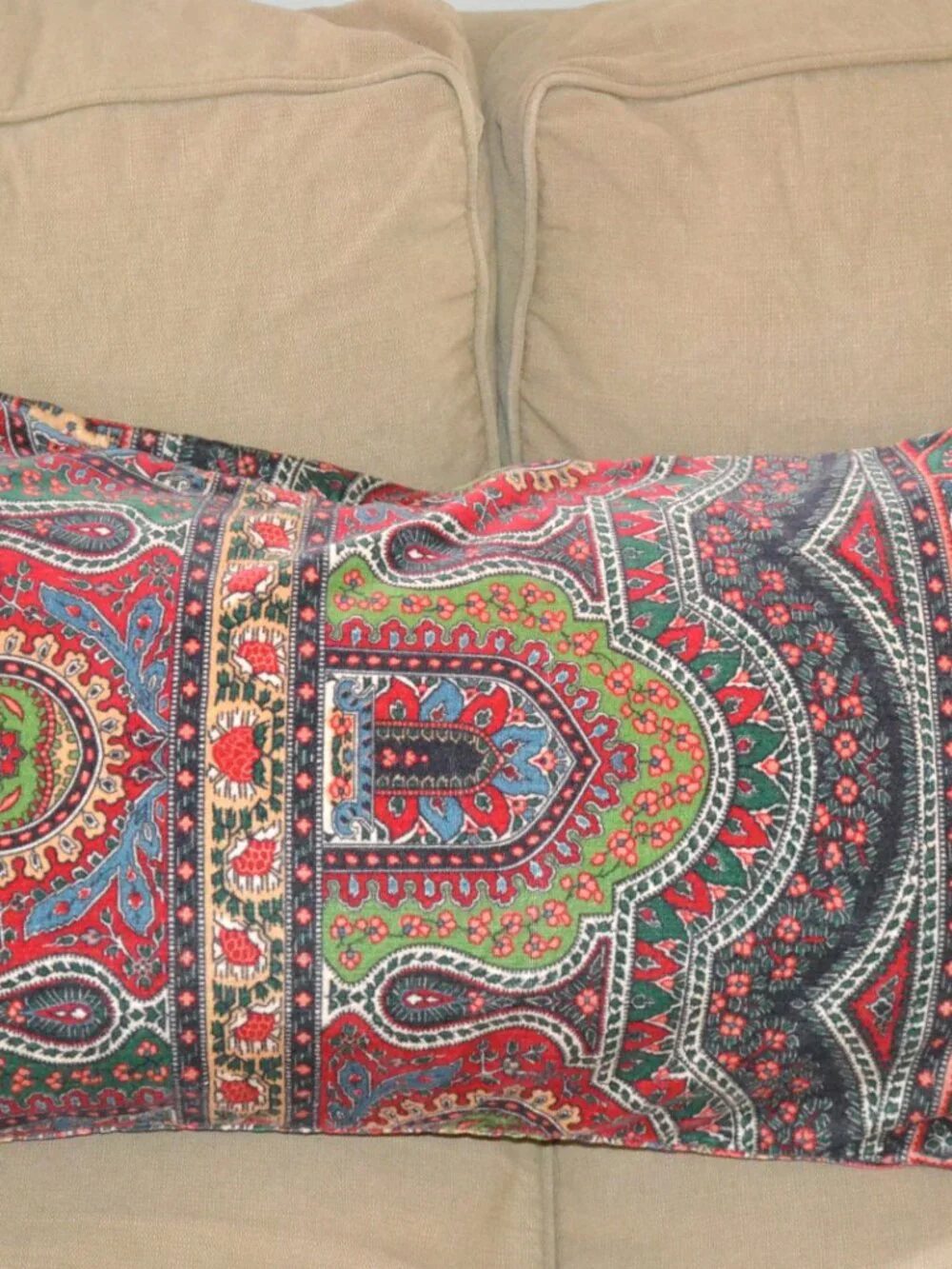 Pottery Barn Red Green Velvet Emira Print Lumbar Pillow Cover + Insert 16”x26”